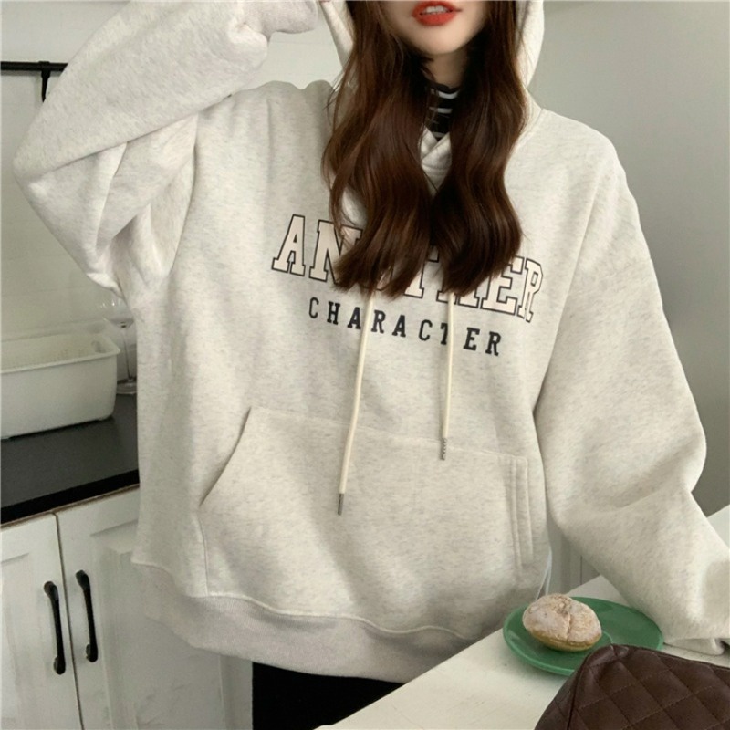 Áo Hoodies Tay Dài Hoạ Tiết Chữ In Phong Cách Hàn Quốc