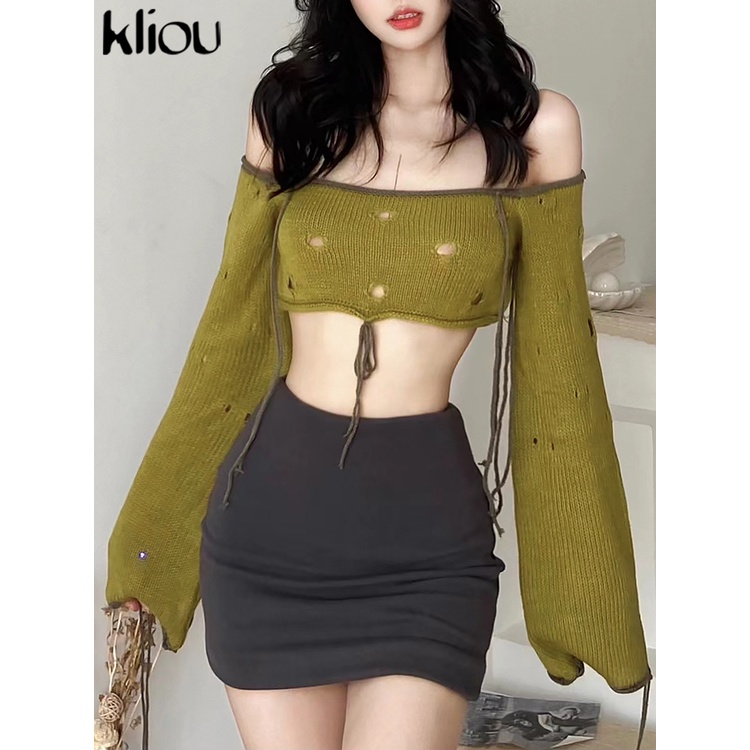 Kliou 2023 new Áo Croptop Dệt Kim Trễ Vai Tay Dài Thiết Kế Khoét Vai Quyến Rũ