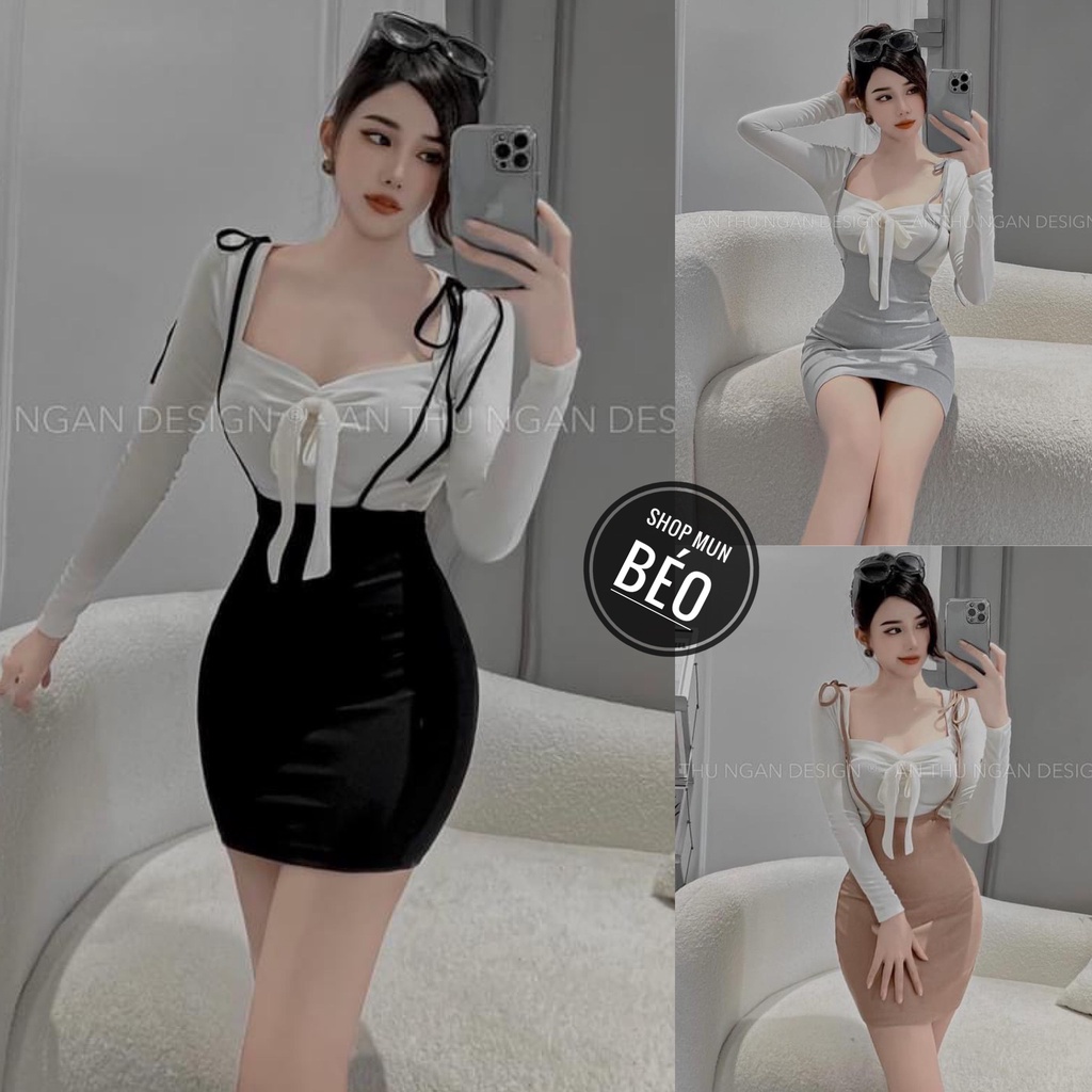 Set yếm ngắn dây buộc nơ vai kèm áo thun tay dài có mút chất thun borip thích hợp mặc đi làm đi chơi