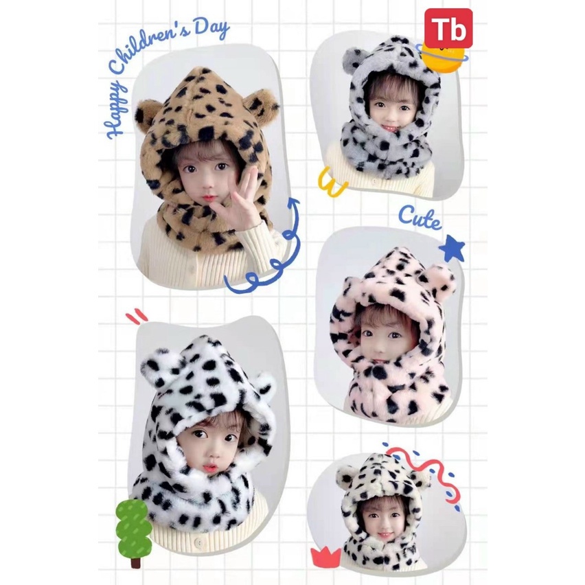 Khăn Mũ Lông Cừu Giữ Nhiệt -Mũ trùm đầu hàng Quảng Châu in hình báo dễ thương