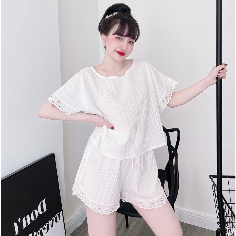 Bộ Ngủ Nữ Đũi Sọc Cổ Tròn Phối Ren Coton SOJUN Vải Đũi Trơn Dưới 70Kg