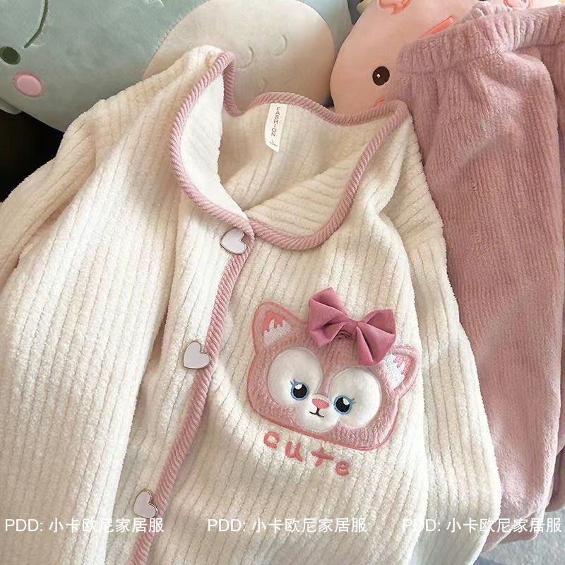 Đồ Ngủ Lông Cừu San Hô. Bộ Đồ Ngủ Lông Cừu San Hô Phối Nhung Dày In Hoạt Hình Dễ Thương Thời Trang Thu Đông Cho Bạn Gái