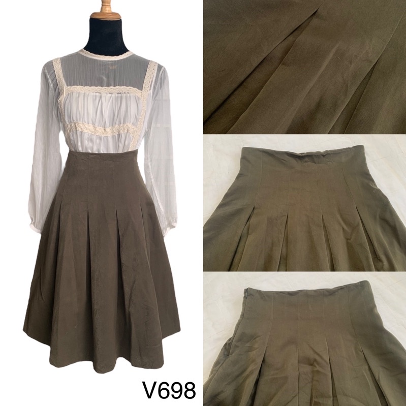 Chân váy xoè V698 kiểu xếp ly bản to màu xanh rêu chất vải dày dặn đứng form 2hand Nhật si tuyển ảnh thật