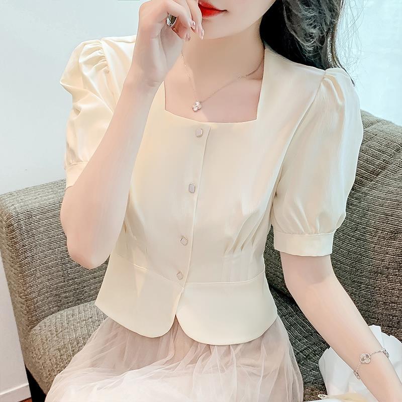 Áo Kiểu Chiffon Ngắn Tay Cổ Vuông Phong Cách Pháp