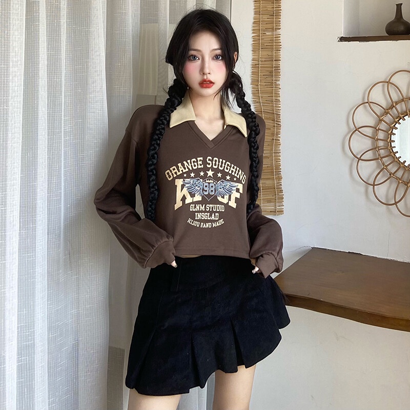Kliou 2022 Mới vào mùa hè  Áo Thun Crop Top Tay Dài Cổ Chữ V In Chữ Phong Cách Mỹ Thời Trang Mùa Thu Mới Dành Cho Bạn Nữ