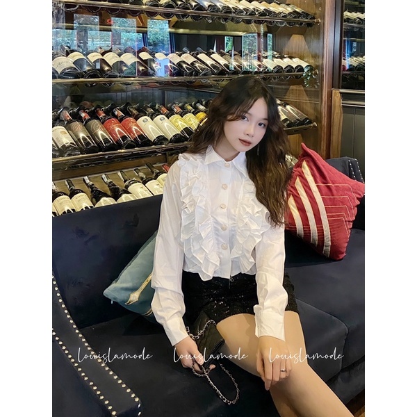 Áo Sơ Mi Croptop Kèm Chân Váy Kim Sa