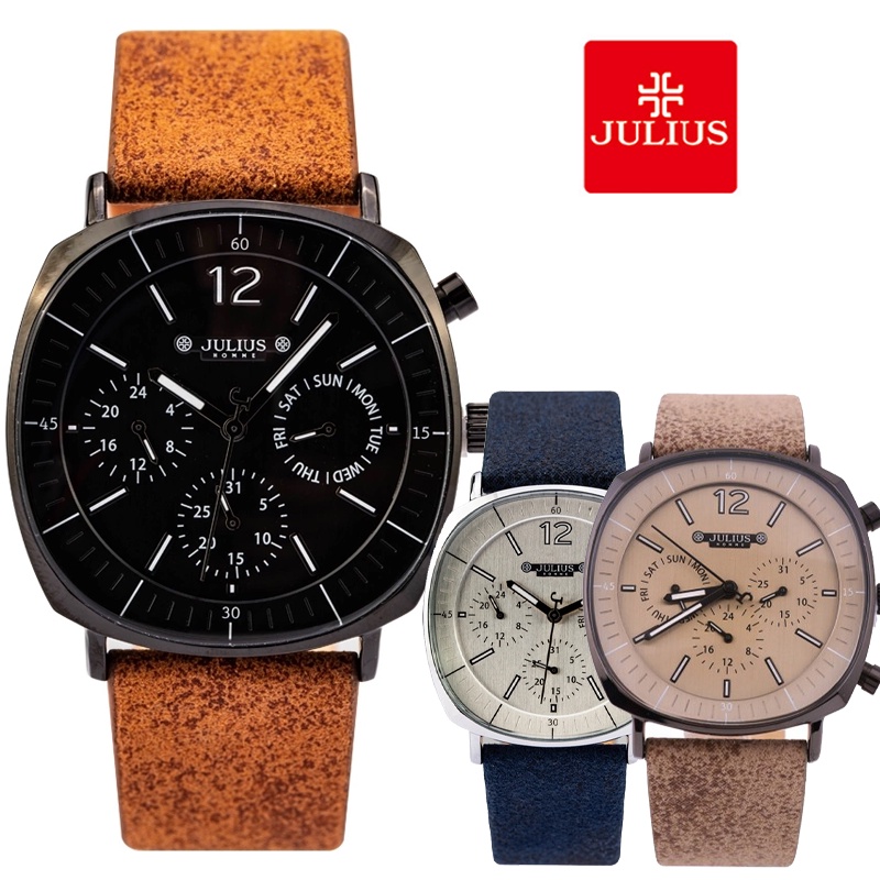 Julius Official | Đồng hồ nam Julius Jah-098 dây da nâu mặt đen