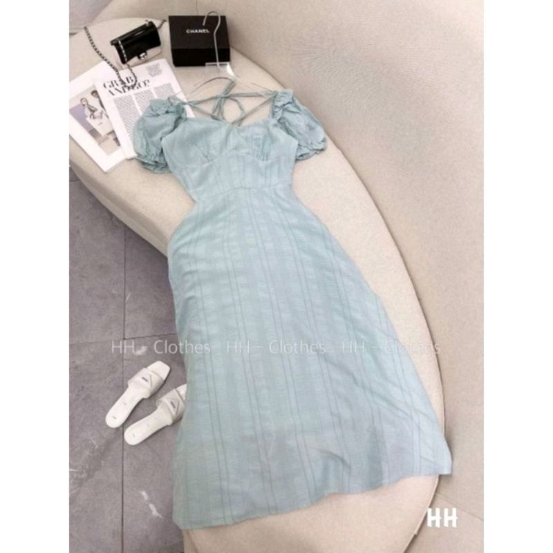 Váy nhăn chun vai cổ vuông tay bồng