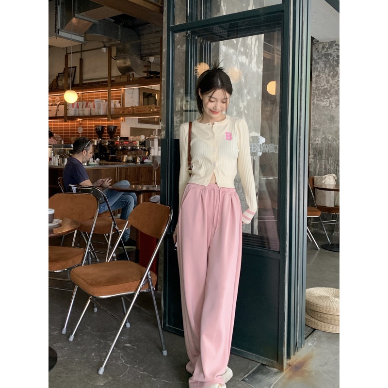 「MOTEL7」Bộ Áo Cardigan Dệt Kim Dáng Ngắn Phối Màu Tương Phản + Quần Mềm Mại Thời Trang Cho Nữ