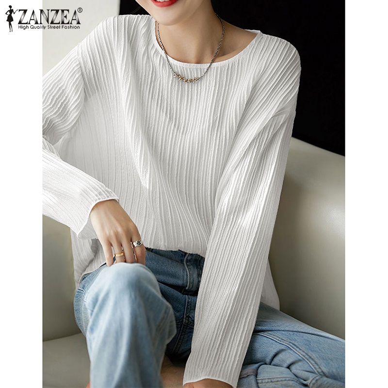 Áo kiểu ZANZEA dài tay cổ tròn xếp ly màu trơn thời trang cho nữ