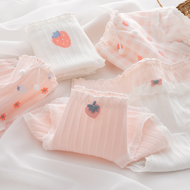 Quần lót nữ cotton gân tắm họa tiết quả dâu cute 345