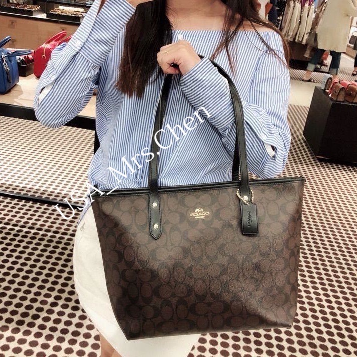 Túi tote dây kéo COACH, giấy mua hàng chính hãng F58292 girl shop bag mummy bag