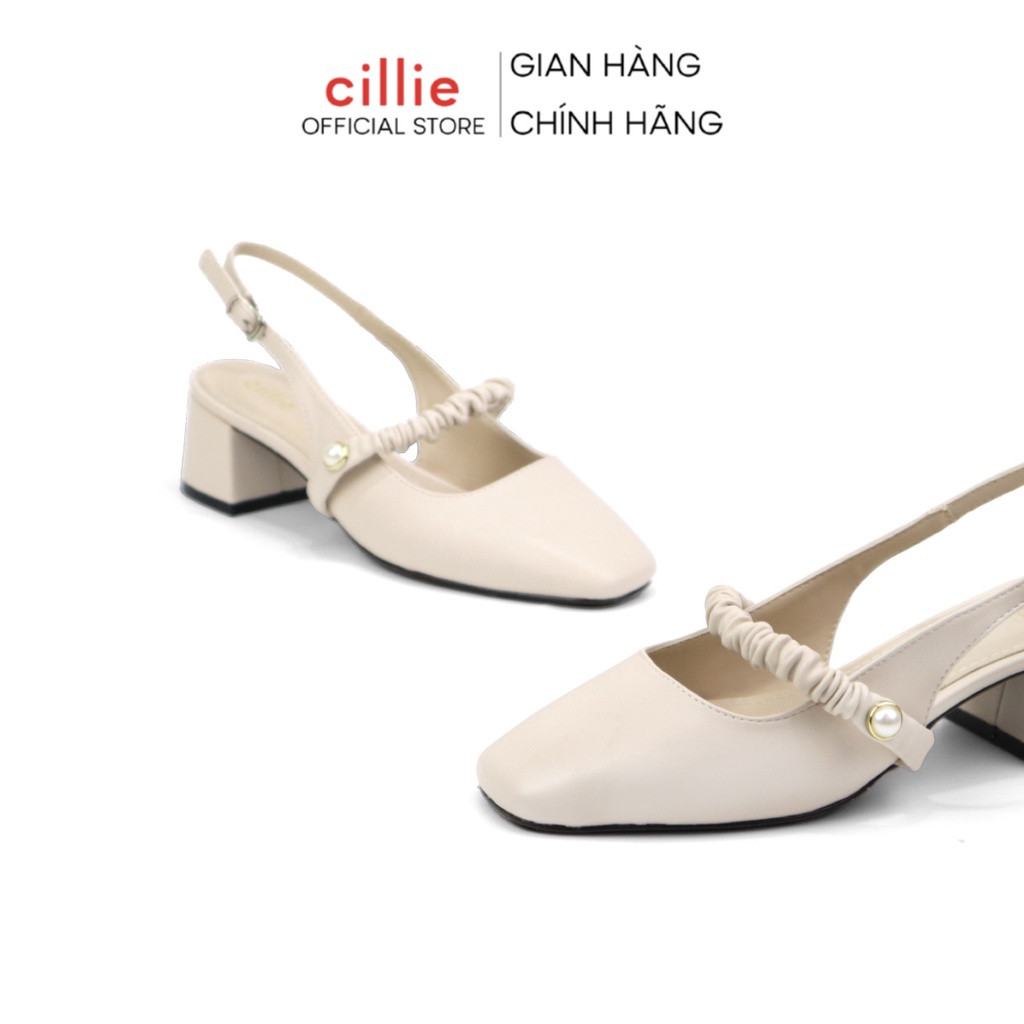 Giày cao gót slingback nữ quai ngang nhúng bèo tiểu thư đế vuông cao 5cm đi học đi làm Cillie 1089