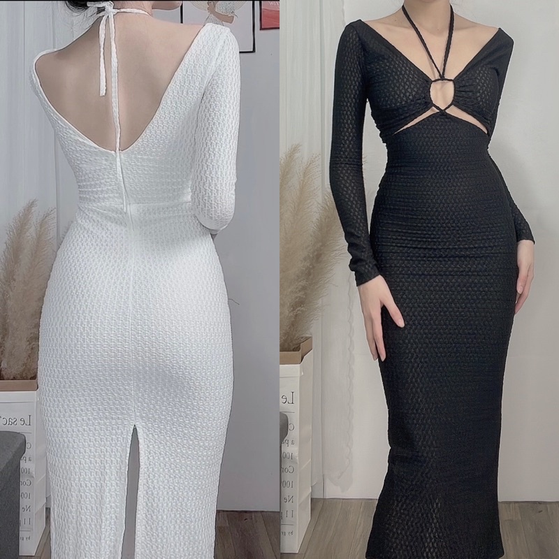 (hình thật) Đầm body cut out tay dài dáng qua gối sẹc xy tôn dáng