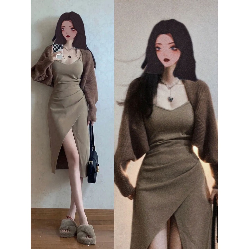 [Hai Mảnh] Set Đầm Hai Dây Dệt Kim Cardigan Màu Trơn Phong Cách Mùa Thu Hợp Thời Trang