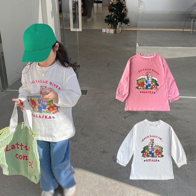 Áo Thun Tay Dài Cổ Tròn In Họa Tiết Hoạt Hình Phong Cách Hàn Quốc Thời Trang Xuân Thu Cho Bé Gái