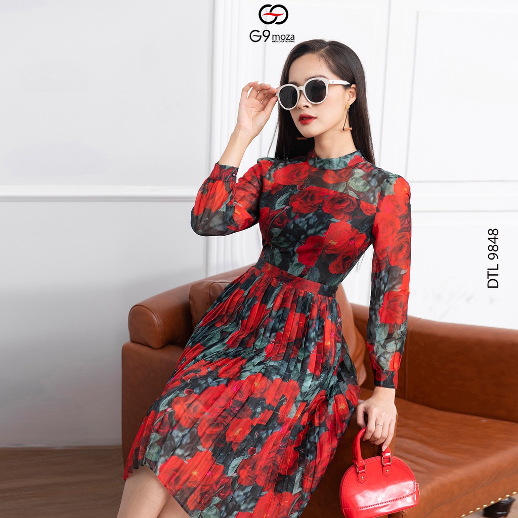 Đầm tay dài G9moza 9848 chất liệu tơ chifon hoa cao cấp, mềm mịn, hạn chế nhăn nhàu