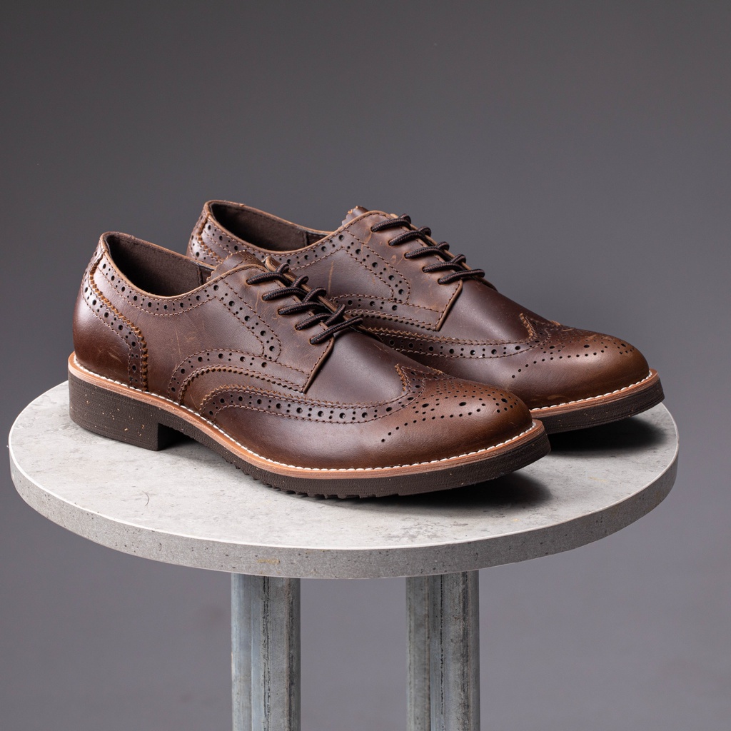Giày nam công sở, da bò thật màu nâu cao cấp cổ thấp. WINGTIP PULLUP - STEELER, đế khâu, phong cách workwear
