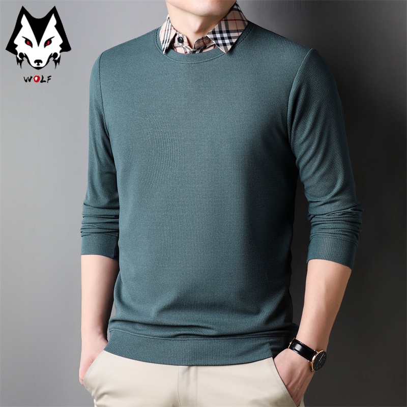 Áo Thun Nam Dài Tay Cổ Tròn Giả Hai Lớp Màu Sắc Thời Trang