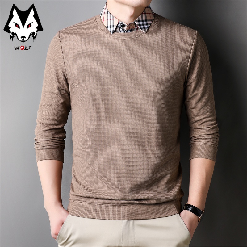 Áo Thun Nam Dài Tay Cổ Tròn Giả Hai Lớp Màu Sắc Thời Trang