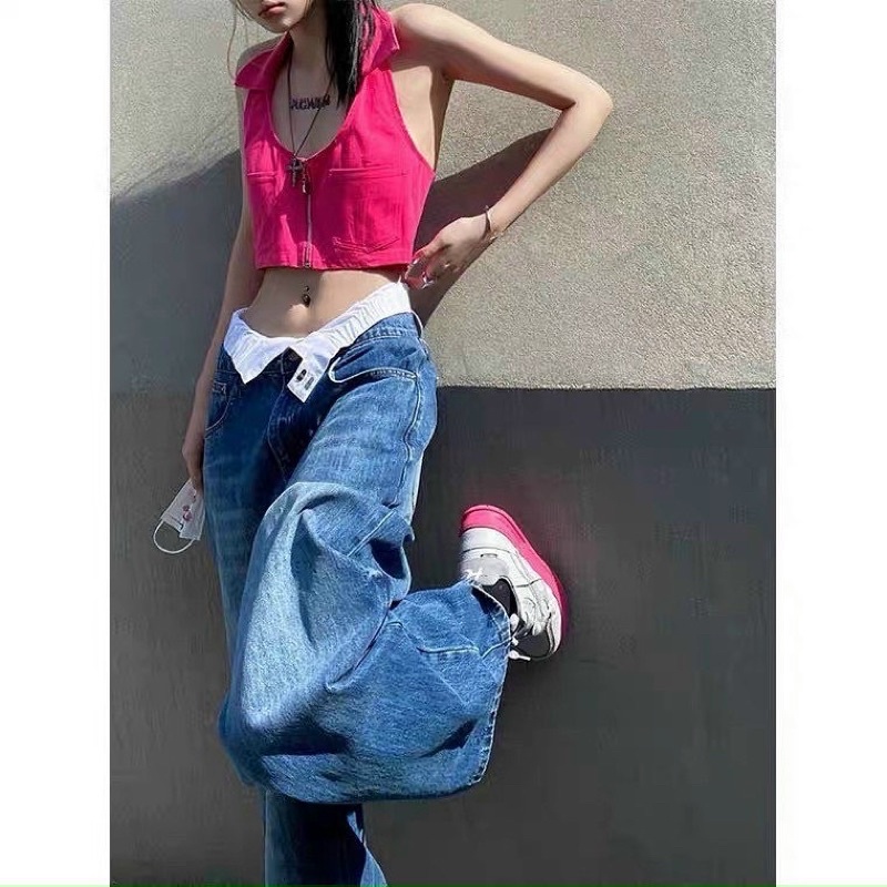 Quần jean hot girl 2022 cộng thiết kế eo đôi quần jean nữ quần ống rộng cá tính