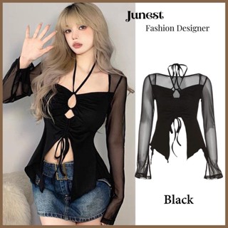 Áo thun body tay dài nữ Junest phối lưới dây rút tạo kiểu TOP HOT DRPL04