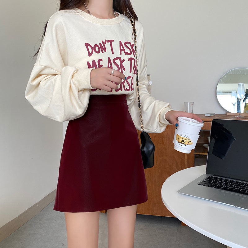 Chân Váy Chữ A Lưng Cao Màu Đỏ Đậm Phong Cách Retro Thời Trang