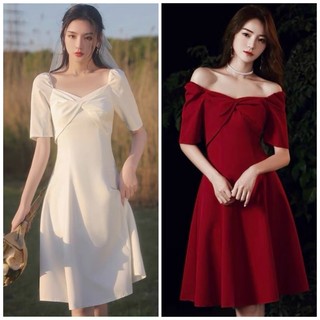 Đầm váy đi tiệc xoắn cổ tay ngắn 2 màu