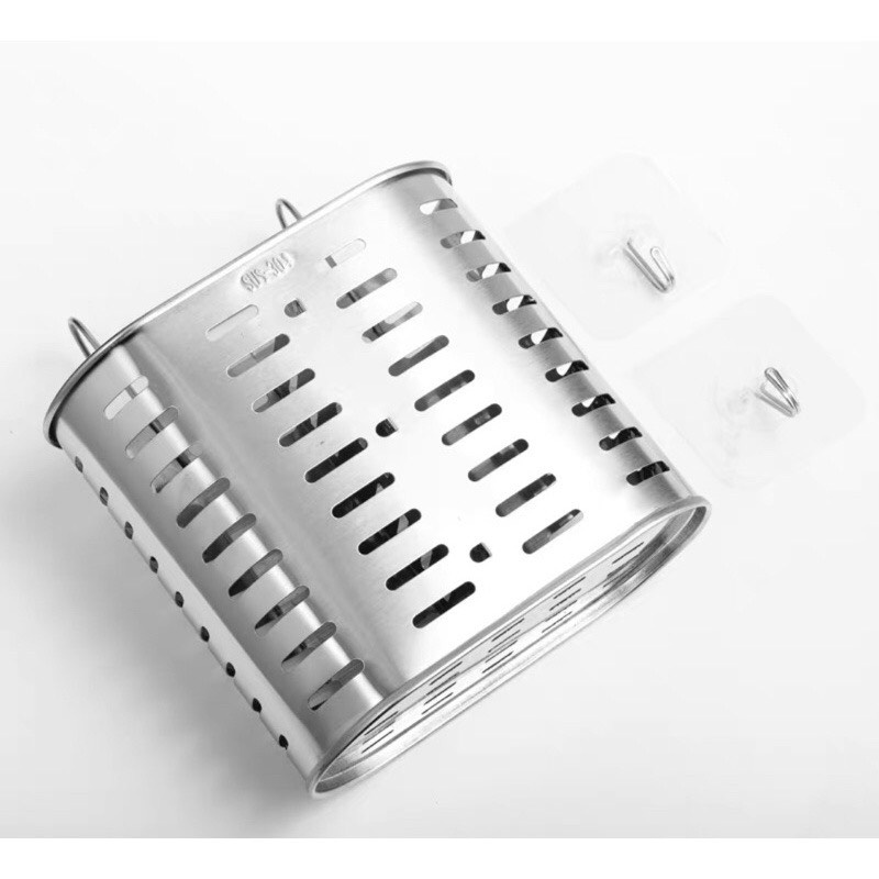 Ống cắm đũa bằng inox hình bầu dục 2 ngăn kèm miếng dán siêu chắc TH