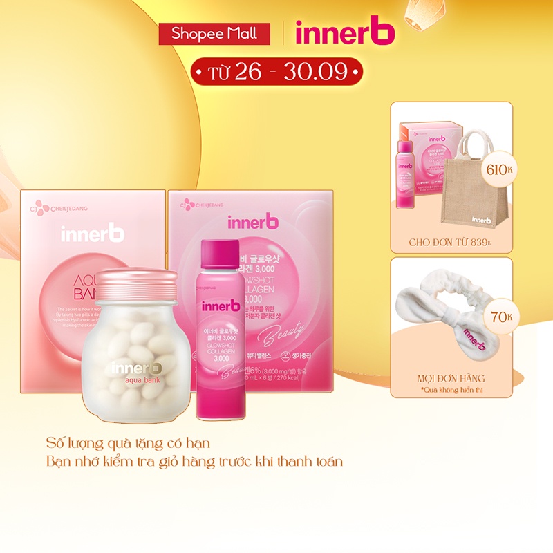 Bộ đôi giữ ẩm, sáng da InnerBAquaBank lọ 56 viên & hộp 6 chai nước uống Collagen Glowshot