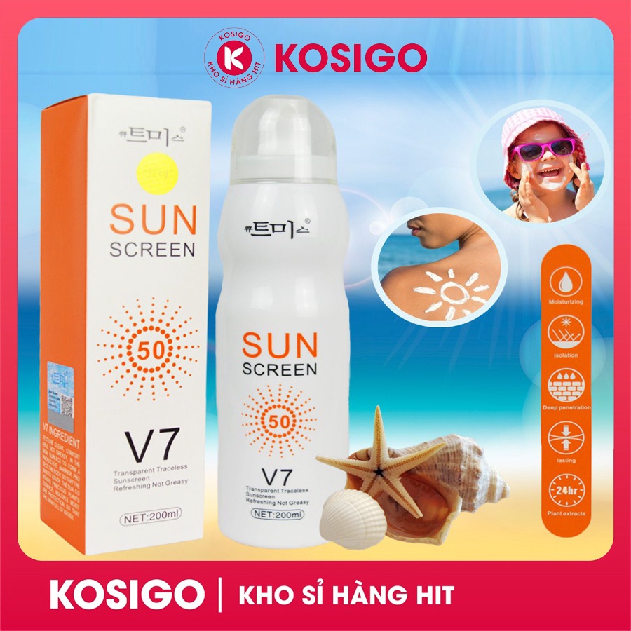 Xịt chống nắng Sun Screen V7 lọ 200ml giúp lên tone, chống lão hóa, ko bết dính 100% Hàn Quốc