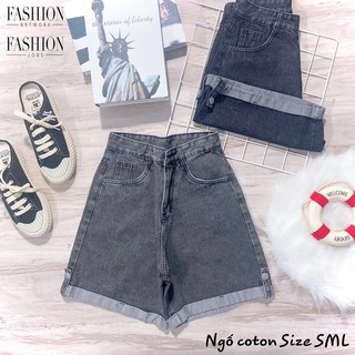 Quần short jean nữ ngố lưng cao không giãn lai lật trơn