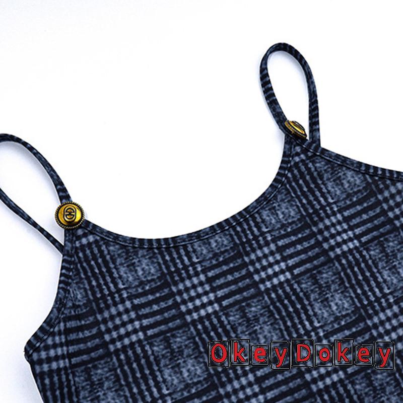 Đầm Hai Dây Hở Lưng Dáng Ôm In Họa Tiết Kẻ Ô Trang Trí Bằng Kim Loại Gợi Cảm Cho Bạn Gái