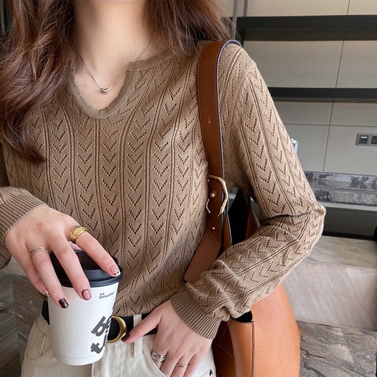 Áo dệt kim ZHELIHANGFEI tay dài cổ chữ V khoét sâu phong cách gợi cảm thời trang cho nữ