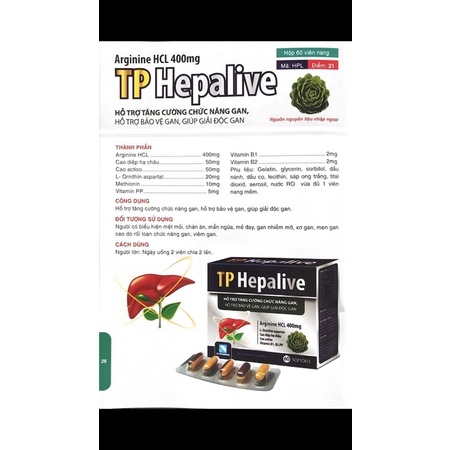 Viên uống bổ gan , tăng cường chức năng gan , giải độc gan TP Hepalive - Hộp 60 viên