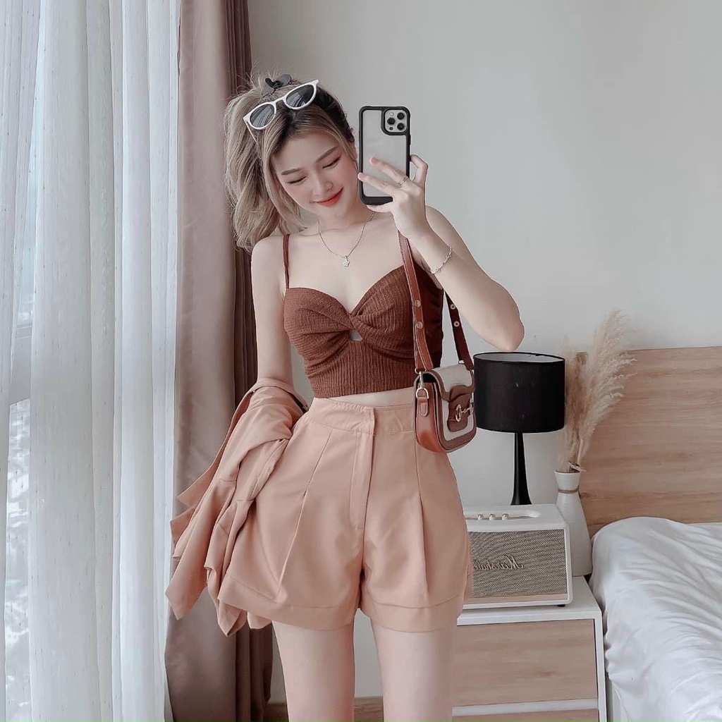 Sét Bộ 3 Món Nữ Áo Vest Kèm Áo Hai Dây Xoắn Ngực Mix Quần Short Lưng Cao, Sét Vest Công Sở, Sét 3 Món Cá Tính Nữ