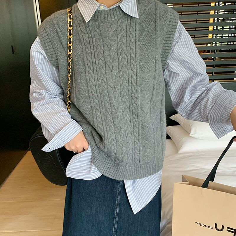 Áo len ZHELIHANGFEI không tay màu xám theo phong cách preppy dễ phối đồ