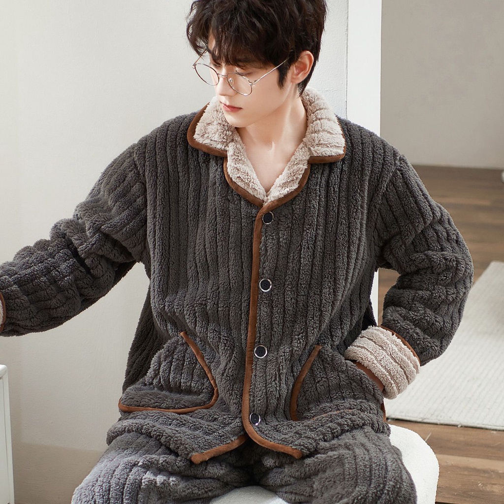 Bộ Đồ Ngủ Bằng Vải Flannel Dày Dặn Ấm Áp Màu Trơn Thời Trang Mùa Đông Dành