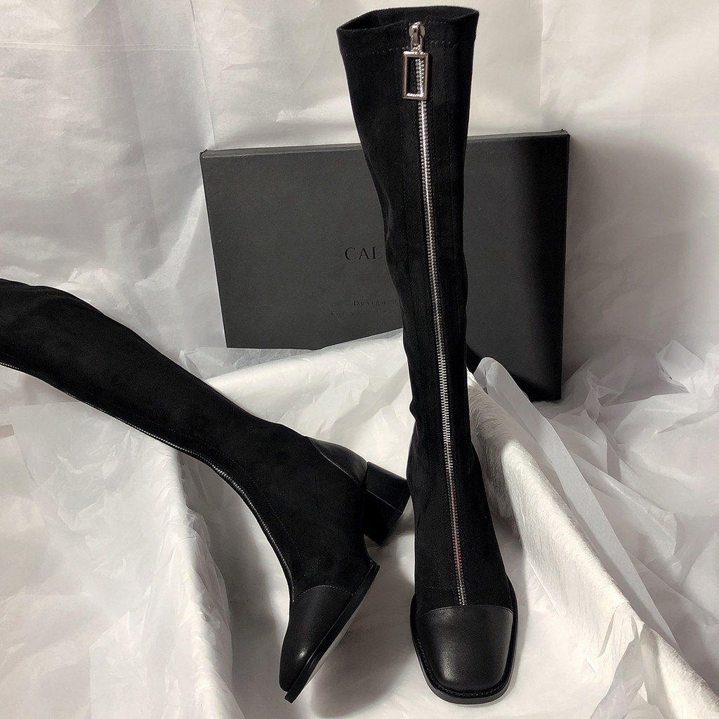 Giày Bốt Cao Gót Mũi Vuông Màu Sắc Đơn Giản Phong Cách Hàn Quốc