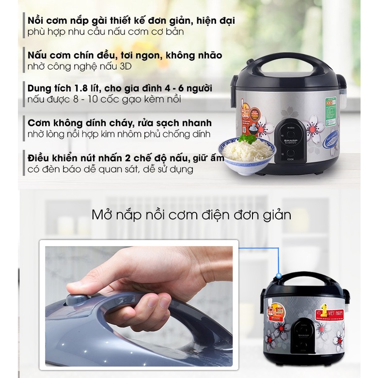 Nồi Cơm điện Sharp 1.8 Lít, Nồi Cơm Năp Gài Mini 700W Nấu Nhanh Cho Gia Đình