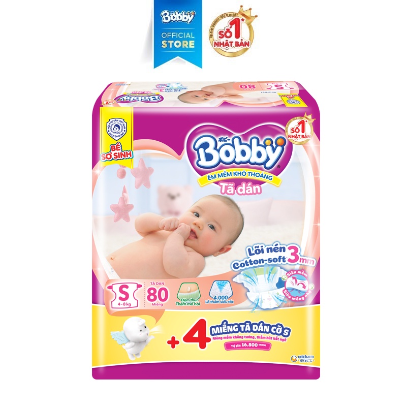 Tã dán sơ sinh Bobby S80 mới- Lõi nén cotton-soft 3mm