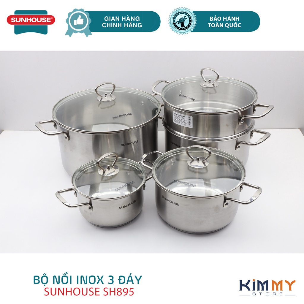 BỘ NỒI INOX 3 ĐÁY SUNHOUSE SHG895 KÈM XỬNG HẤP - DÙNG CHO MỌI LOẠI BẾP