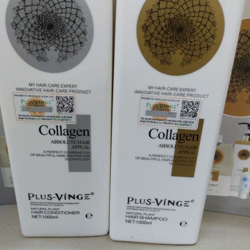 Dầu gội xả plusvinge collagen hương thơm nước hoa phục hồi tóc hư tổn 1000ml