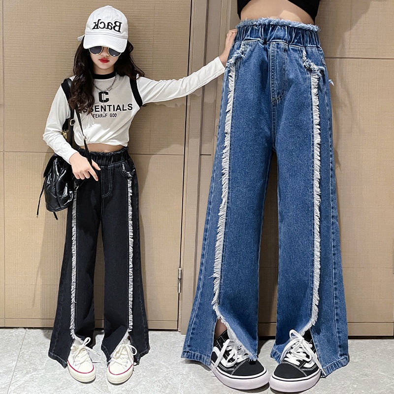 Quần ống loe denim cho bé gái, Quần jean trẻ em mới mùa thu, Quần ống rộng tua rua thô của học sinh nữ, Quần tây đen cho bé gái 5-8-14 tuổ