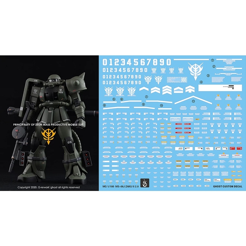 Decal trượt nước YAN 032 GHOST MG 1 / 100 MS-06J ZAKU 2 Dạ quang