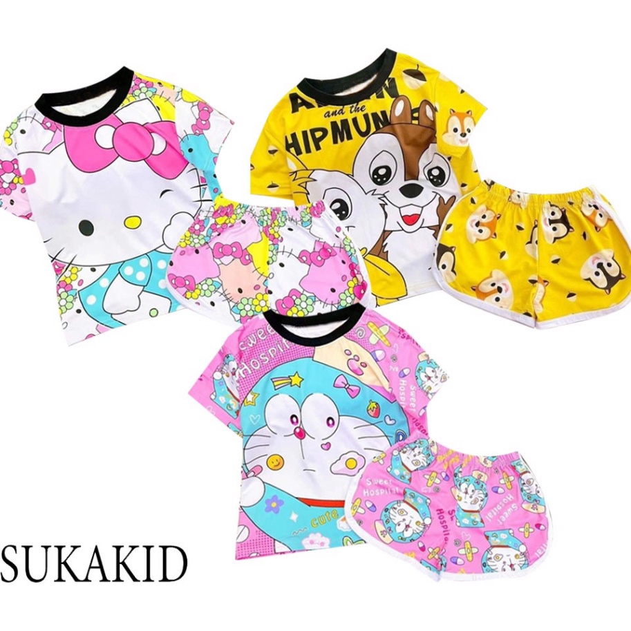 ( Km ) Set 3 Bộ đồ hình in 3D cho bé gái chất liệu thoáng mát mềm mịn hinh in doremomm hồng đôi sóc ,mèo nơ 6kg đên 40kg