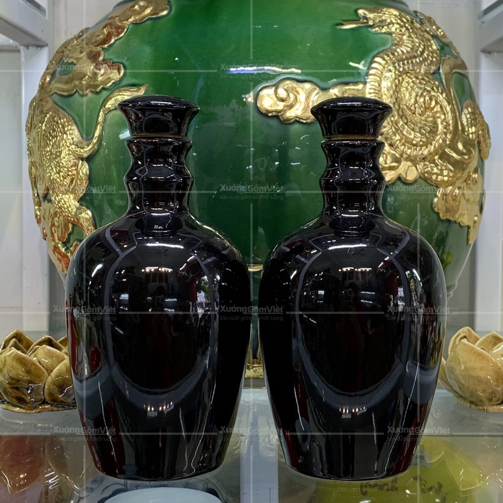 Nậm đựng rượu sứ Bát Tràng dung tích 600ml màu xanh và đen