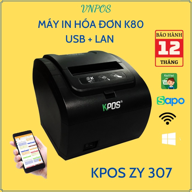 Máy in hoá đơn K80 Zy307 USB LAN WIFI in bill tính tiền POS từ các phần mềm bán hàng khổ giấy 80mm