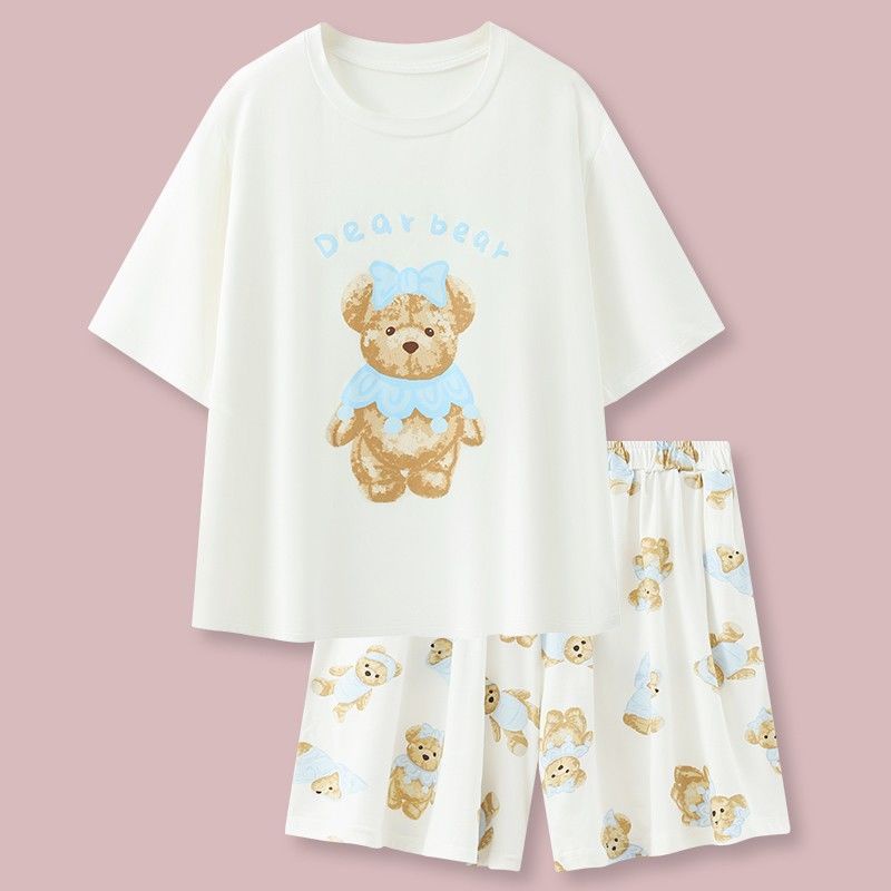 Bộ Đồ Ngủ Tay Ngắn Dáng Rộng In Họa Tiết Hoạt Hình Chú Gấu Dễ Thương Thời Trang Mùa Hè Cho Nữ Size M-2XL