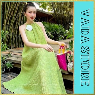 Váy Maxi,babydoll, đi biển đi chơi cổ yếm tết đuôi sam dáng suông hai lớp chất gấm xốp nhăn tặng kèm hoa trà cài ngựVN18